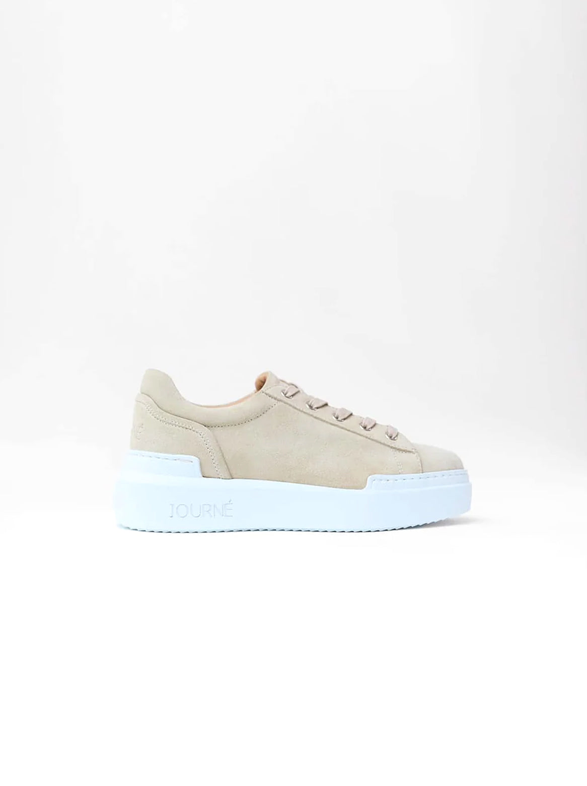 Aurora Sneaker Velours Sand – seitliche Ansicht mit weißer Sohle