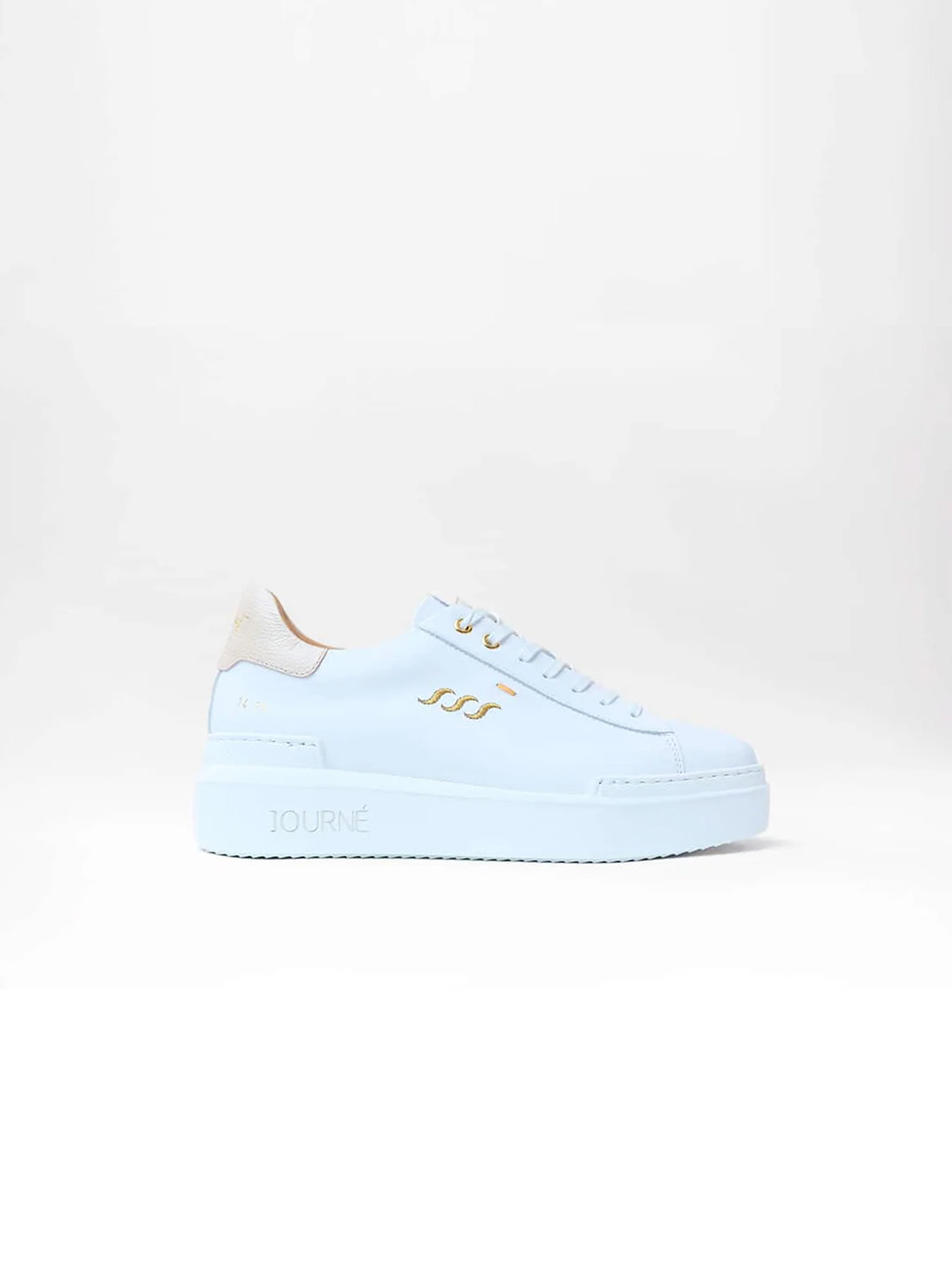 Adriana Sneaker Weiß mit Gold – seitliche Ansicht, Kalbsleder mit goldenen Applikationen